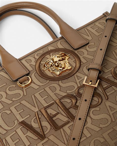 versace women small canvas and leather tote bag|versace allover large tote bag.